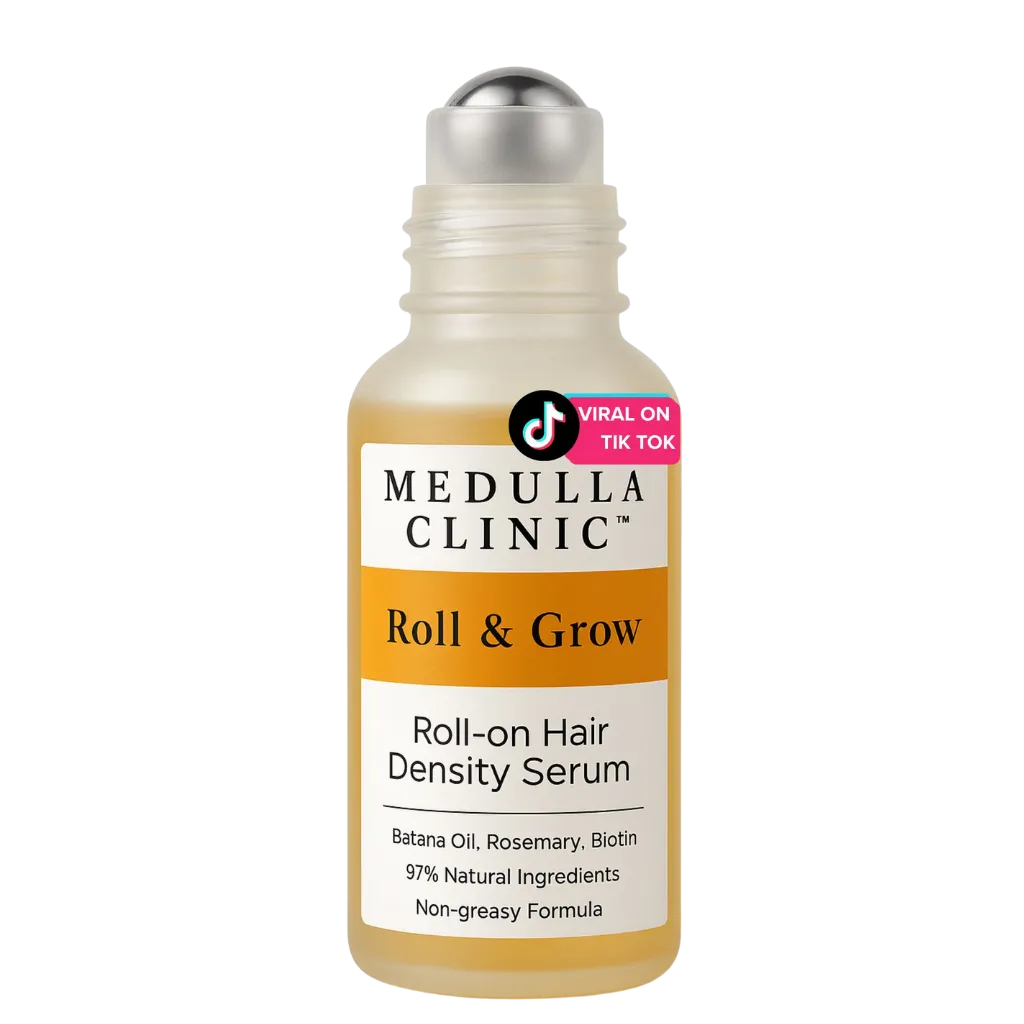 Medulla Clinic Roll-On Hair Serum with precision metal applicator for targeted scalp treatment and bioactive hair regrowth.