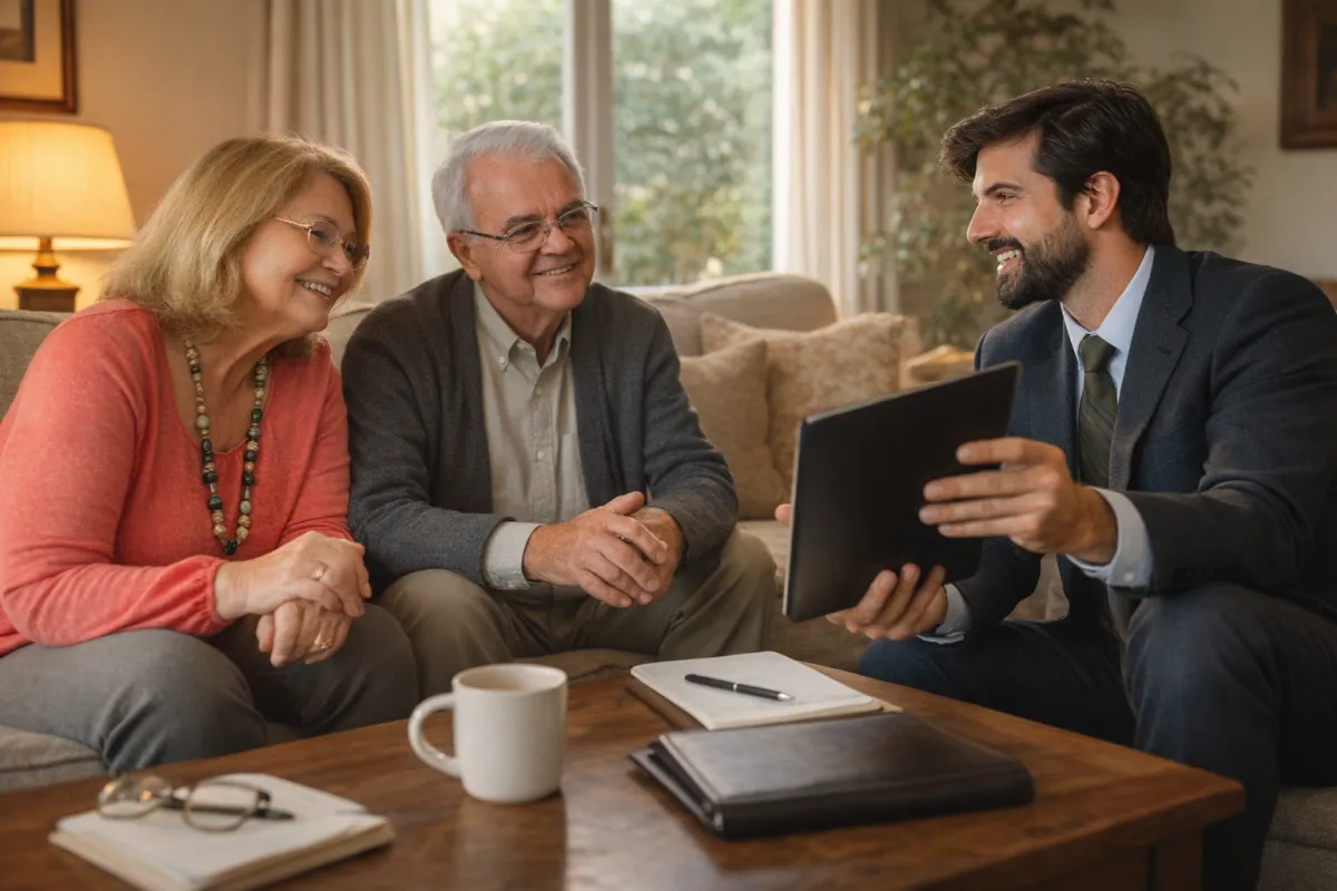 Financial advisor meeting with a couple to discuss retirement planning and long-term care options