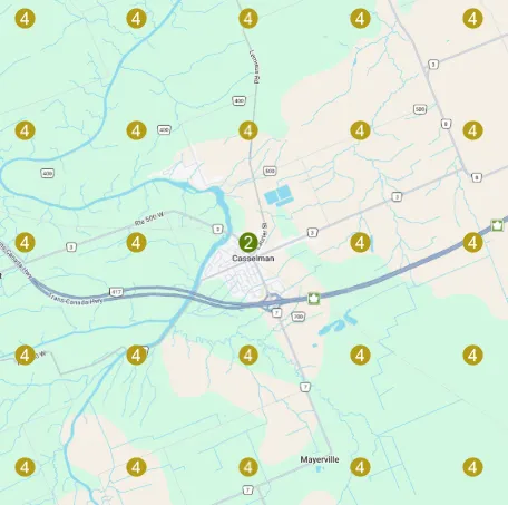 Local SEO visibility scan showing Google Maps rankings across Casselman, Ontario including St. Albert, Limoges, and Moose Creek.