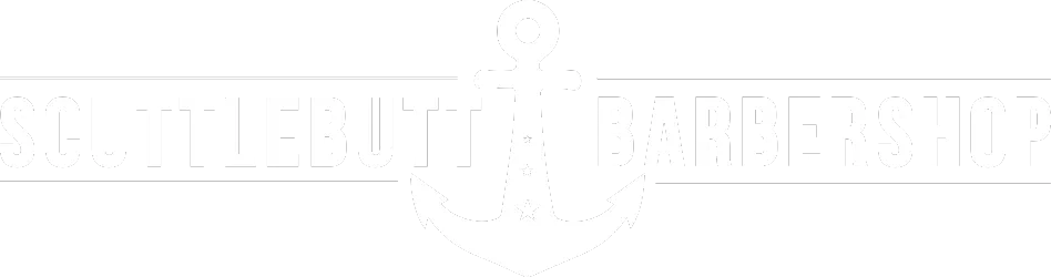 Scuttlebutt Barbershop logo featuring an anchor icon between bold white text on a black background