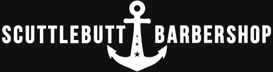 Scuttlebutt Barbershop logo featuring an anchor icon between bold white text on a black background