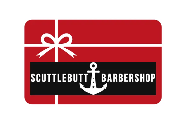 Scuttlebutt Barbershop gift card with red background, white ribbon, and black logo featuring an anchor