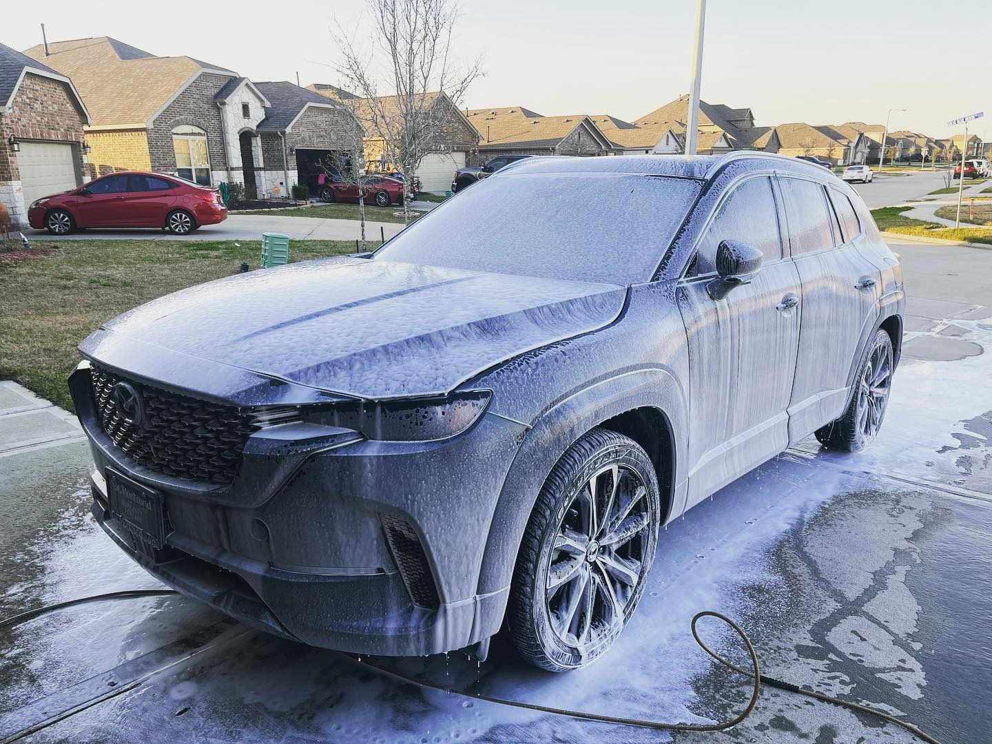Professional car detailing technician polishing a glossy car exterior.