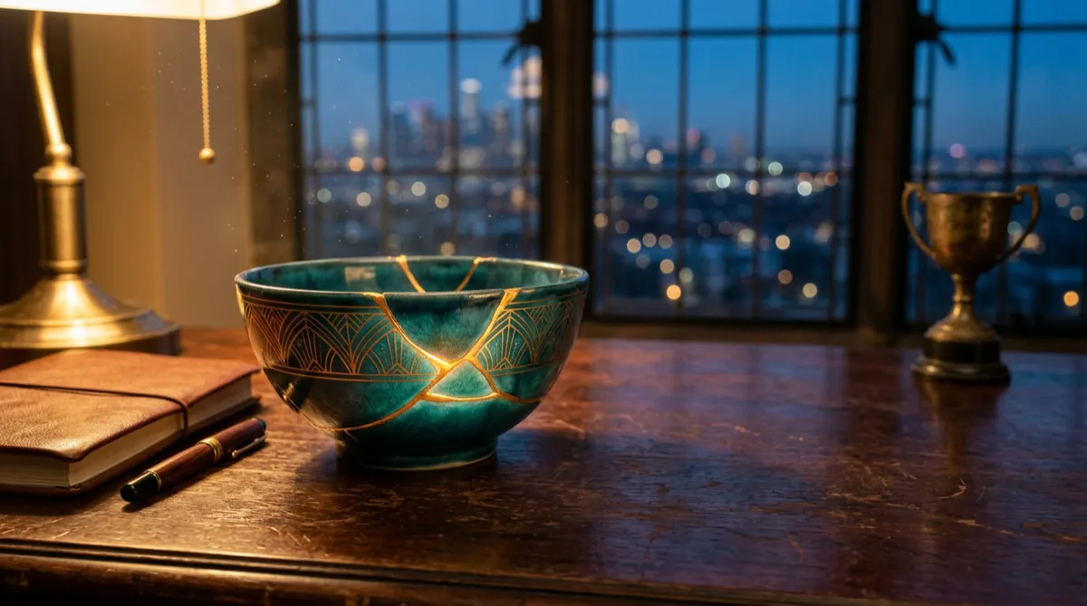 A cracked teal bowl mended with glowing gold seams, on a dark wooden desk at dusk with city lights beyond the window.