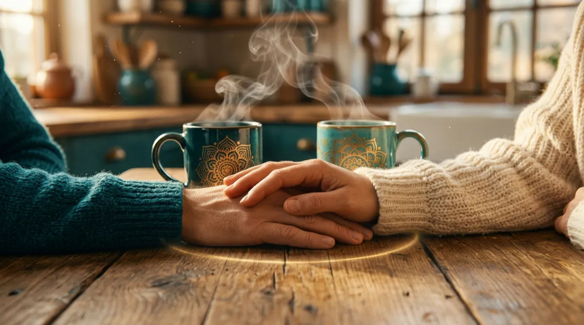 One hand resting gently on another on a kitchen table, beside two steaming teal mugs.