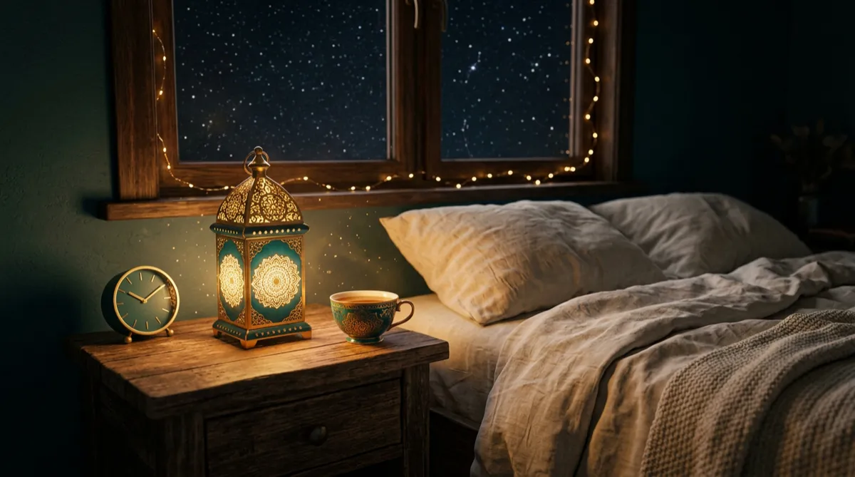 A bedside at night with a glass of water and a softly glowing lamp, the first pale line of dawn in the window