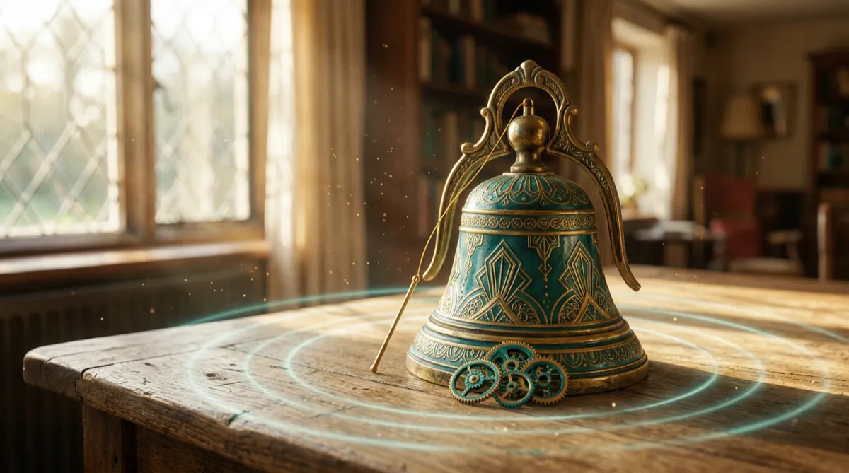 An ornate teal and gold bell with small gears at its base, sitting on a wooden table with soft rings of light around it.