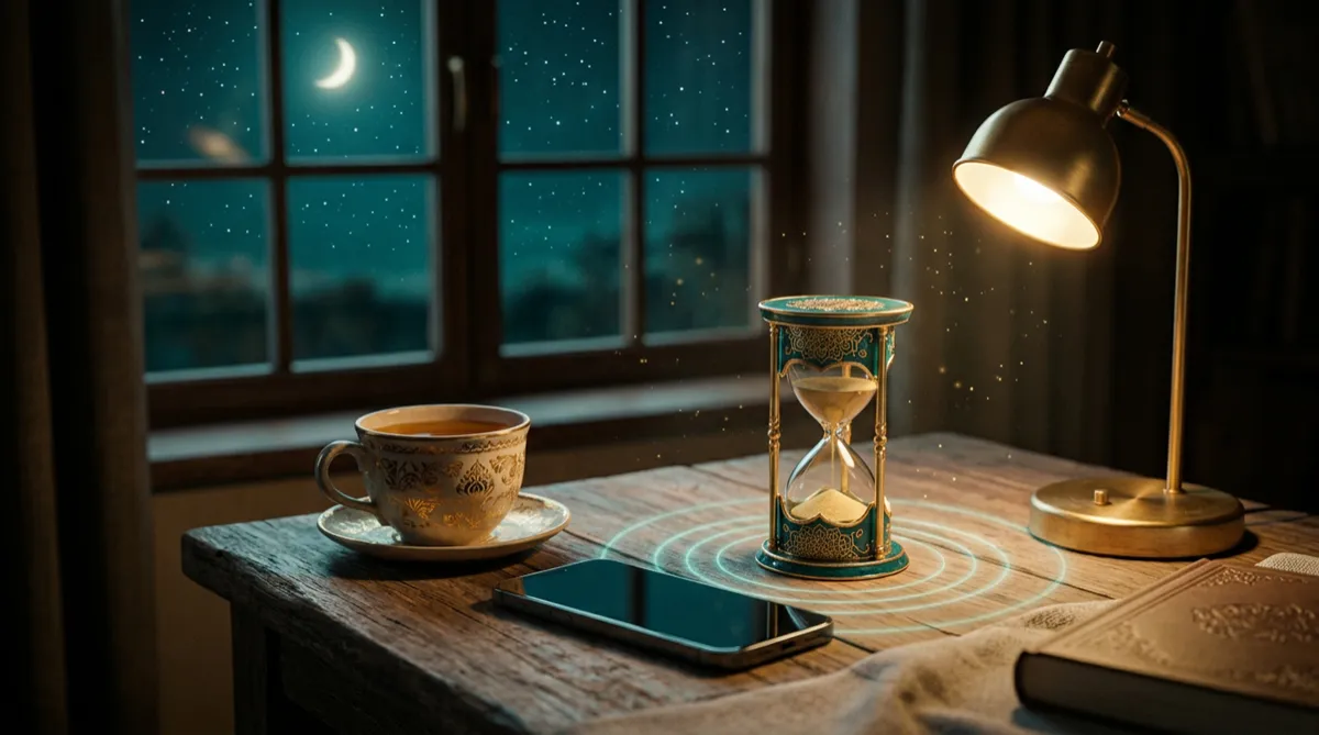 A phone lying face down beside a teal and gold hourglass and a cup of tea, under a starry night window.