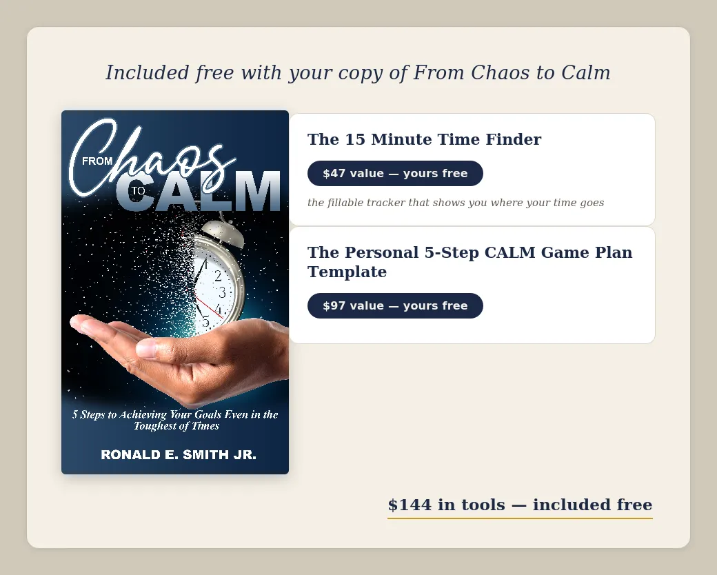 Bonus stack included free with From Chaos to Calm - 15 Minute Time Finder and 5-Step CALM Game Plan Template - $144 in tools included free