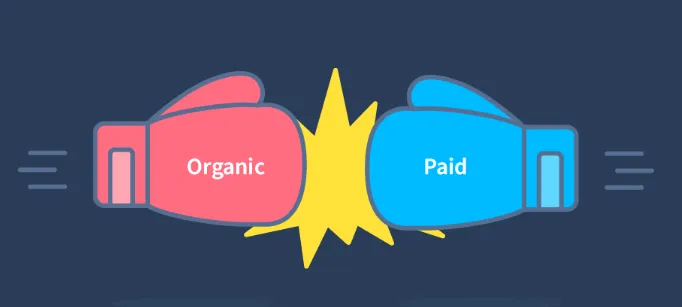 Paid Vs Organic Words on Boxing Gloves Colliding