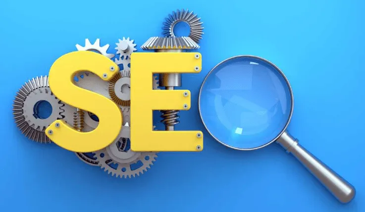 Letters SEO with a magnifying glass and blue background