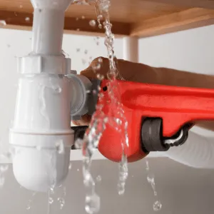 A leaking pipe beneath a sink being tightened with a pipe wrench