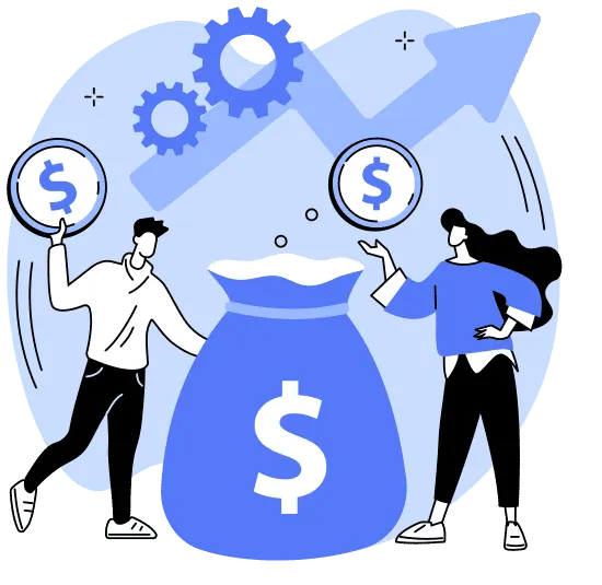 money bag with two people holding bags with $ sign on them