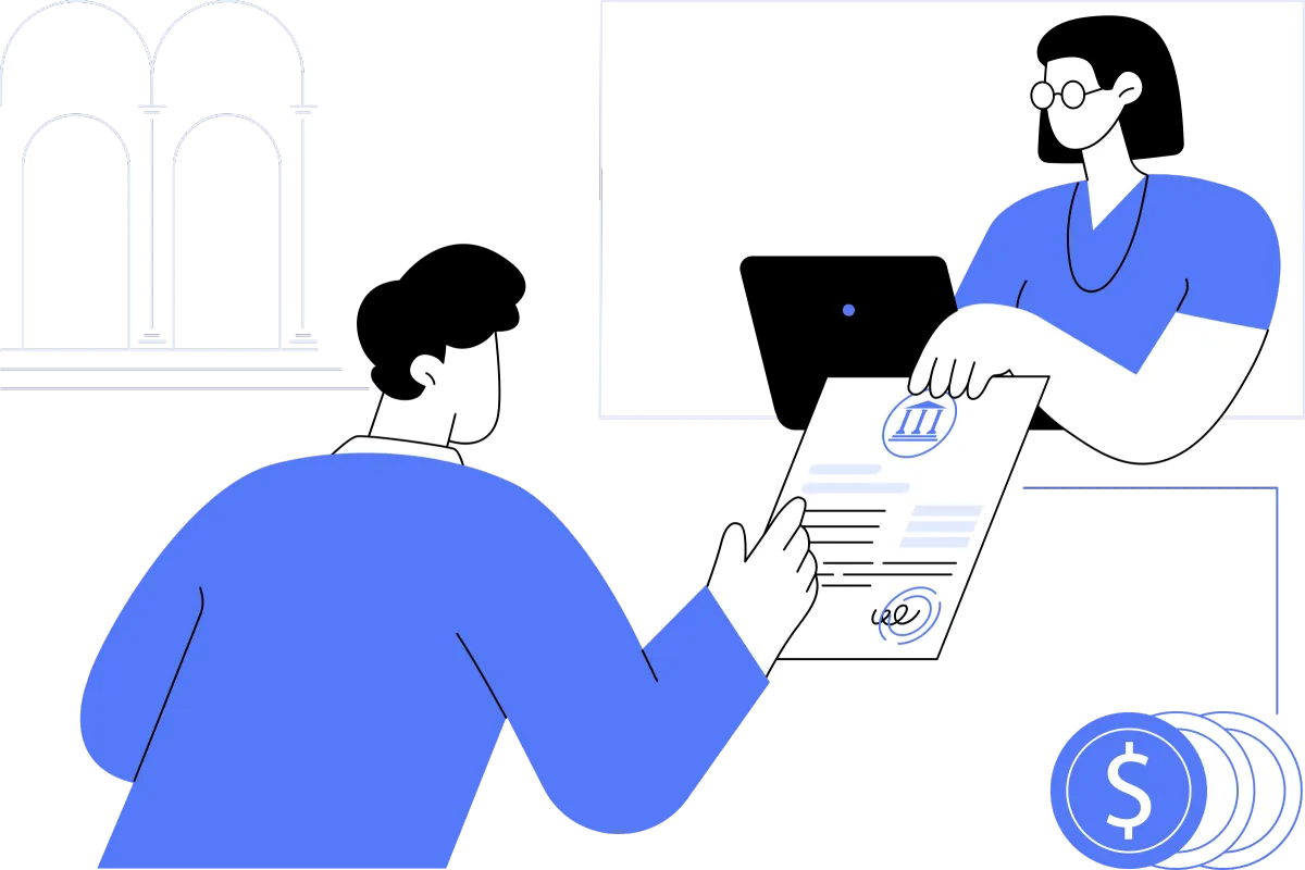 woman behind the counter showing a man a document