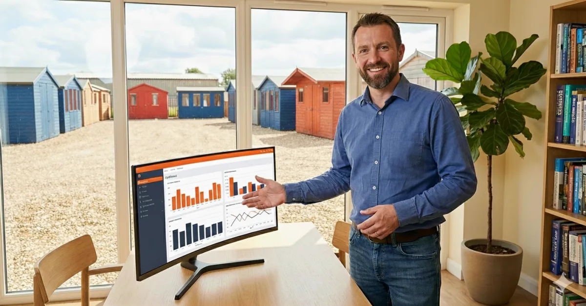 A modern shed dealership office with a laptop displaying a colorful CRM dashboard, a shed model on the desk, and a smiling middle-aged dealer in casual attire, sunlight streaming through large windows, warm and inviting atmosphere.