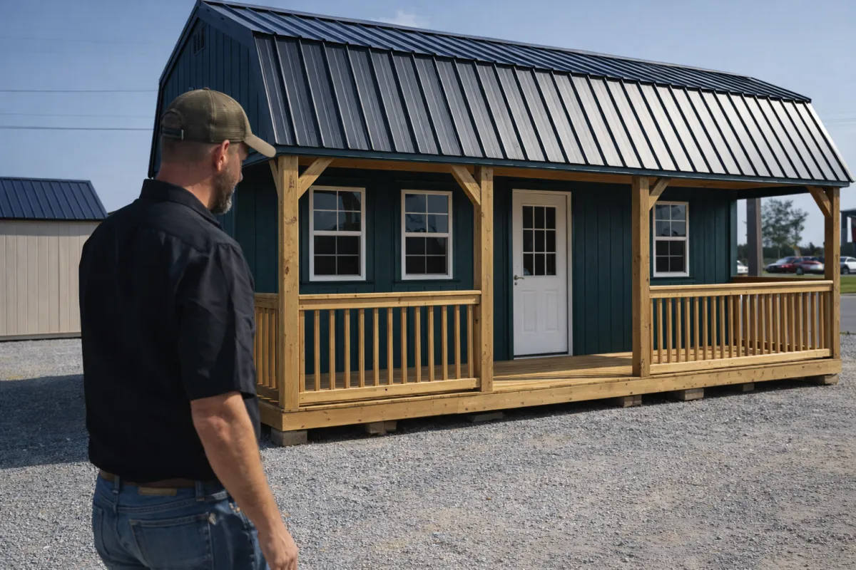 A friendly, middle-aged man and woman in casual workwear standing in front of a row of colorful sheds, holding a Digital Shed CRM sign, rural background, bright sky, authentic and approachable vibe.