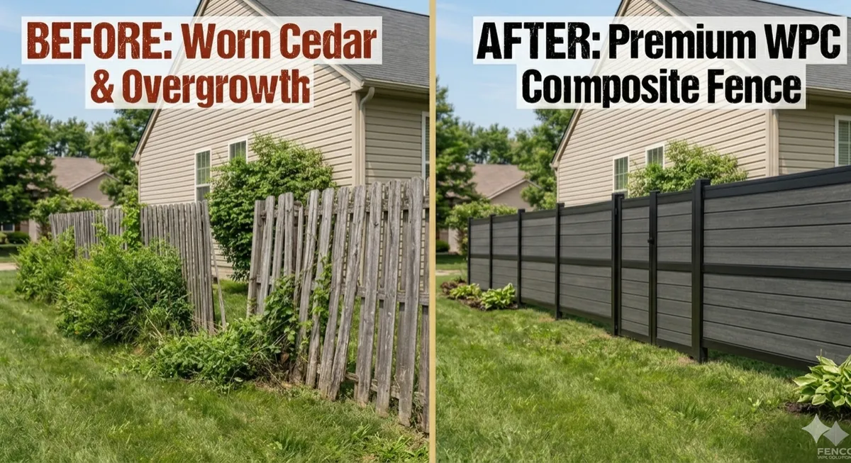 Before and after: worn cedar fence replaced with a WPC composite fence