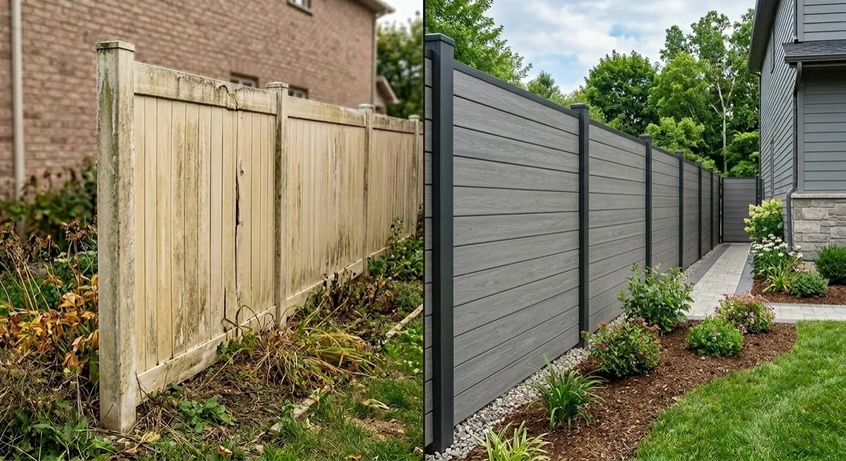 Weathered PVC fence compared with a modern grey WPC composite fence