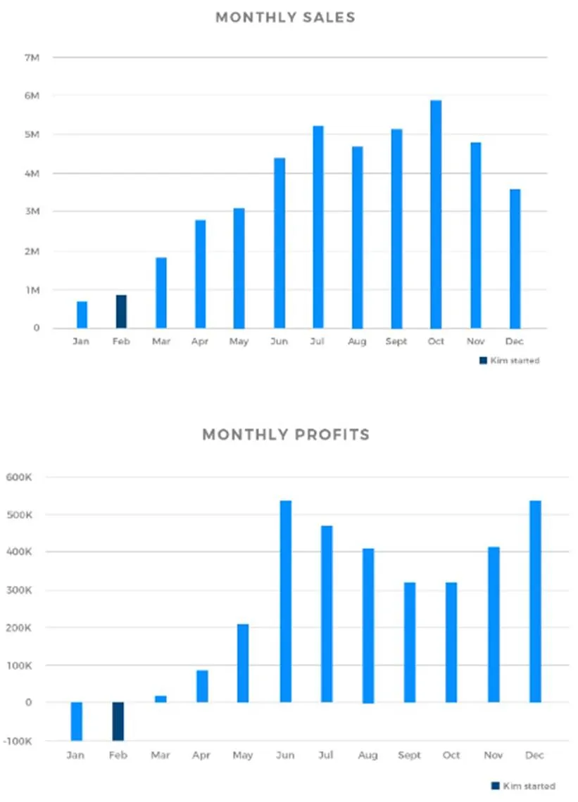 Monthly sales and profit growth bar charts. The top chart shows monthly sales increasing from January to October before declining slightly in November and December. The bottom chart displays monthly profits following a similar upward trend, starting negative in January and improving throughout the year. A marker indicates when 'Kim started,' correlating with the upward trend. Business performance analysis, revenue growth, and profitability trends visualization.