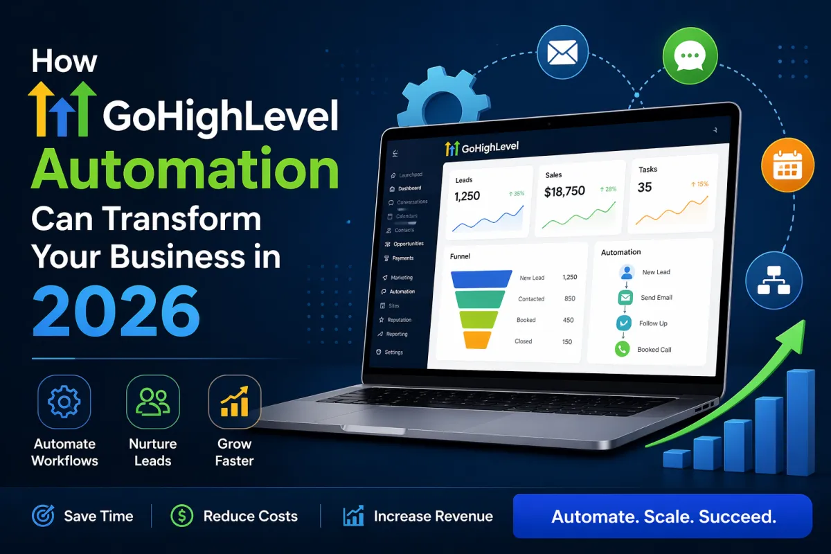 GoHighLevel automation dashboard for CRM, lead generation, and marketing workflows in 2026
