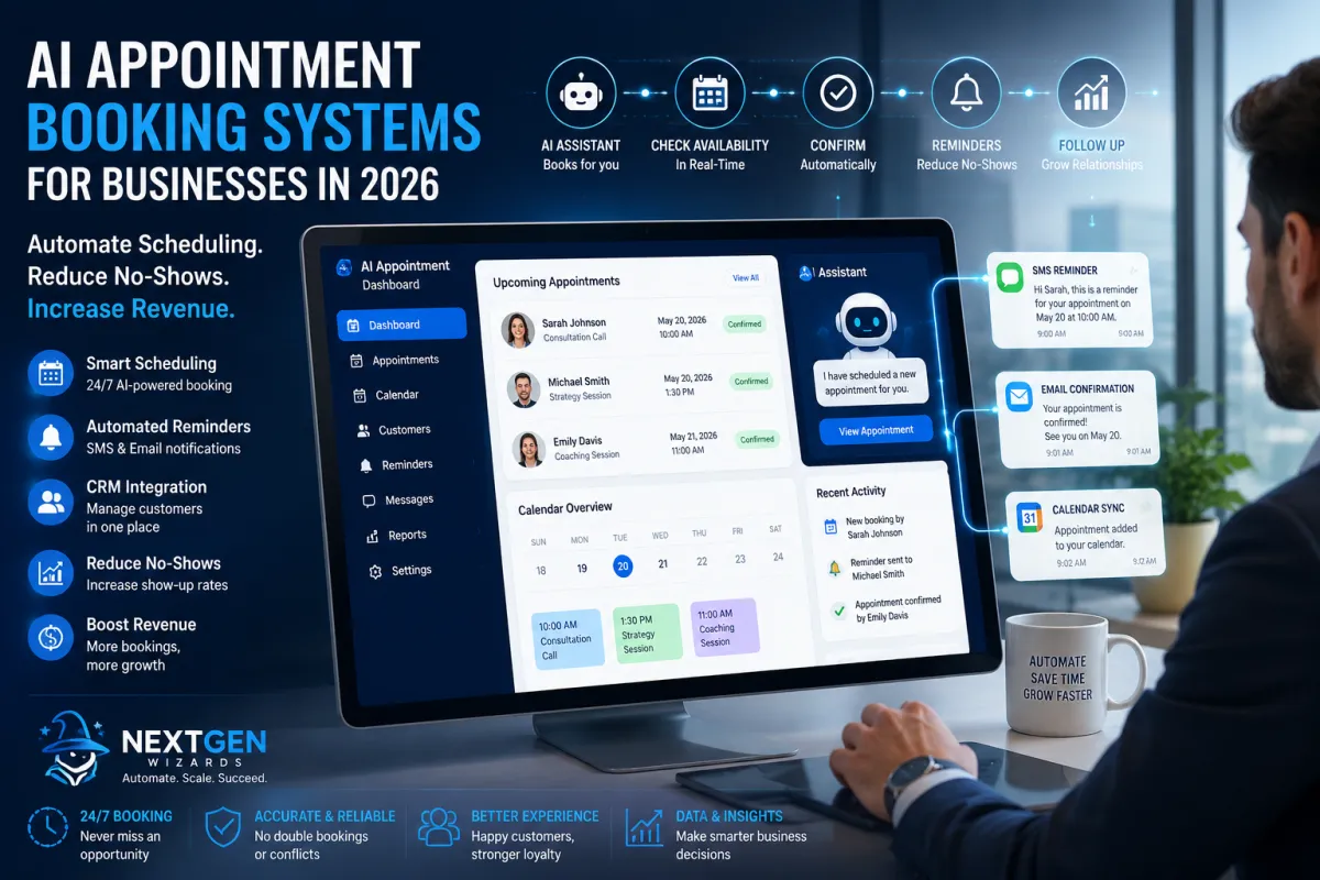 AI appointment booking system automating customer scheduling, reminders, and CRM integration for businesses in 2026.