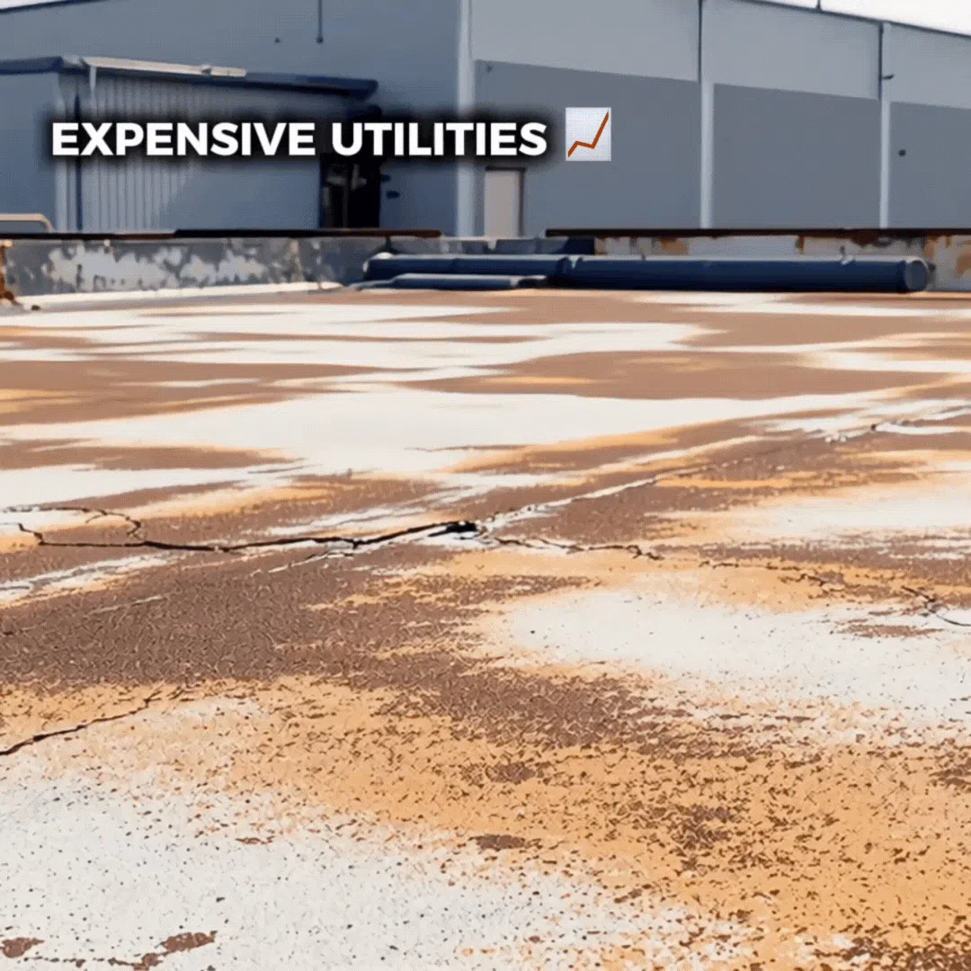 A professional roofing inspector in navy uniform examines a flat commercial roof with modern HVAC units, under a bright sky, urban skyline in background. The inspector holds a digital tablet, focused and attentive, representing expertise and reliability.
