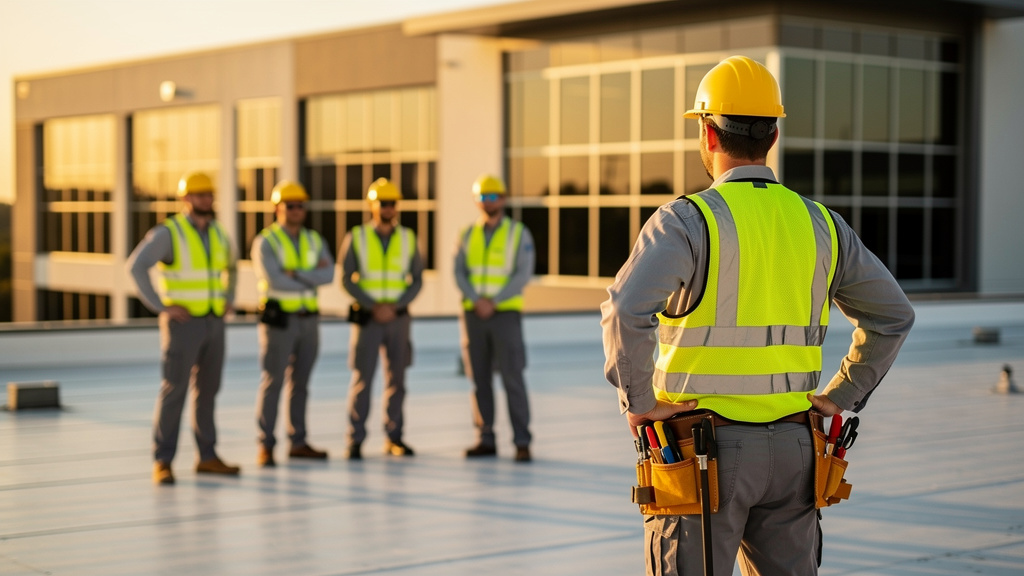 A diverse team of roofing professionals, including men and women of various ages and backgrounds, stand together on a rooftop with city buildings behind them, all smiling confidently, wearing branded uniforms and safety gear, showing unity and expertise.