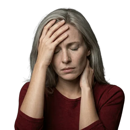 Frau mit Migraene-Symptomen und Nackenblockaden, die auf Hilfe durch Atlas-Therapie hofft 