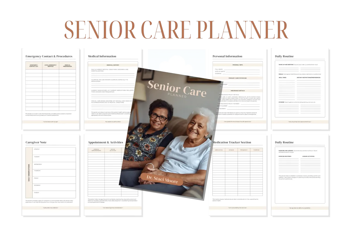 Close-up of an open planner on a wooden desk, showing neatly written schedules, medication lists, and appointment reminders. A pair of reading glasses and a cup of herbal tea sit nearby, suggesting a moment of quiet planning. The scene is warmly lit, emphasizing clarity and order.