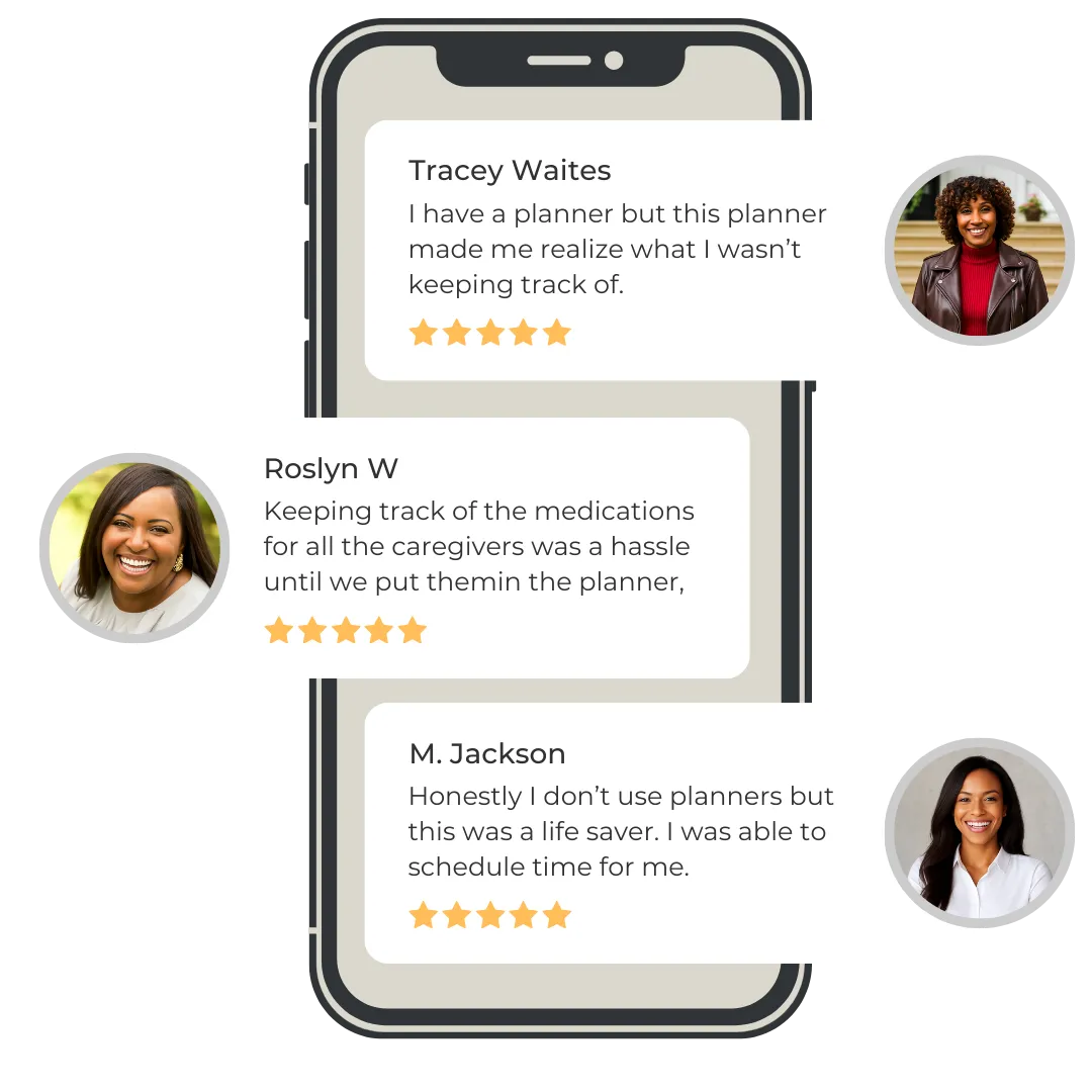 3 middle-aged lack women giving testimonials aout the senior care planner