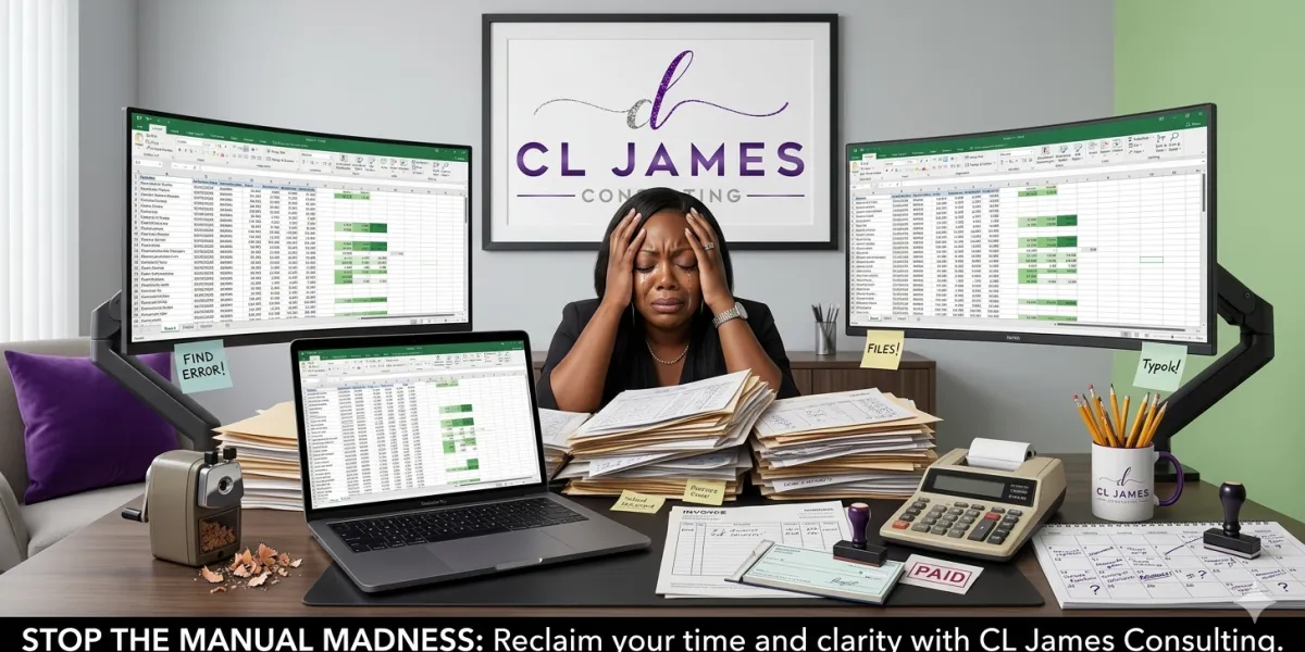 A stressed Black female small business owner crying over manual data entry and complex spreadsheets at her modern office desk with multiple monitors.