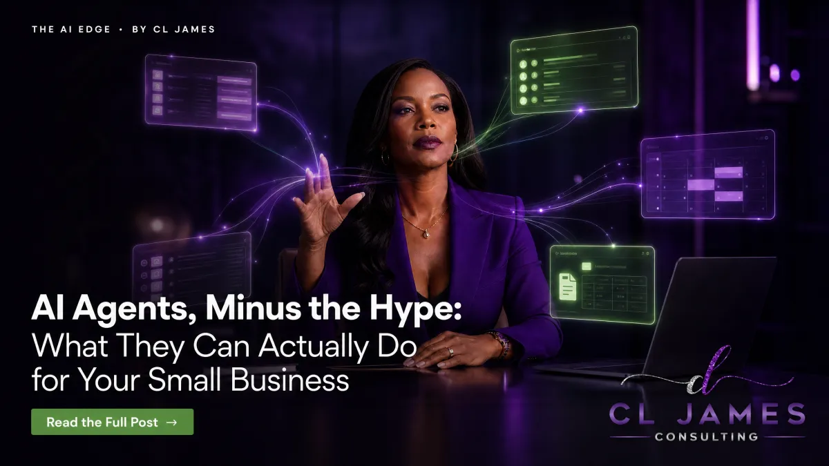 A powerful Black woman in a deep purple blazer sits at a desk, commanding glowing holographic AI panels floating around her. Bold white text reads: "AI Agents, Minus the Hype: What They Can Actually Do for Your Small Business."