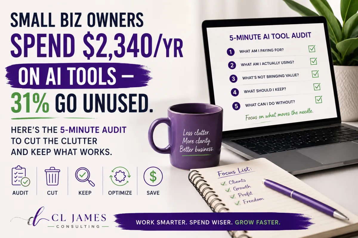 CL James Consulting highlighting that small business owners spend $2,340 per year on AI tools, with 31% going unused. The image features a laptop displaying a 5-minute AI tool audit checklist to help business owners identify what to keep, cut, optimize, and stop paying for.