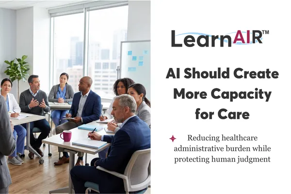A diverse healthcare leader is shown from behind and slightly to the side, standing at the front of a small healthcare leadership workshop