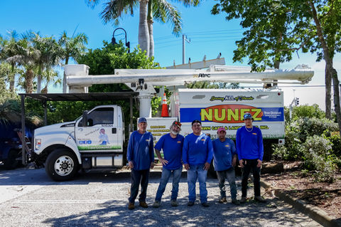 A blue house with a brown roof surrounded by trees