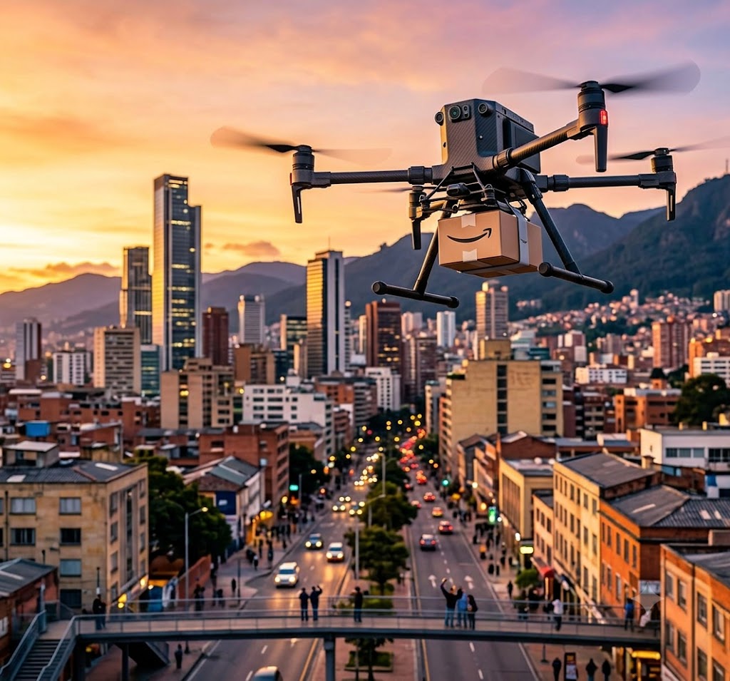 Dron volando sobre la ciudad