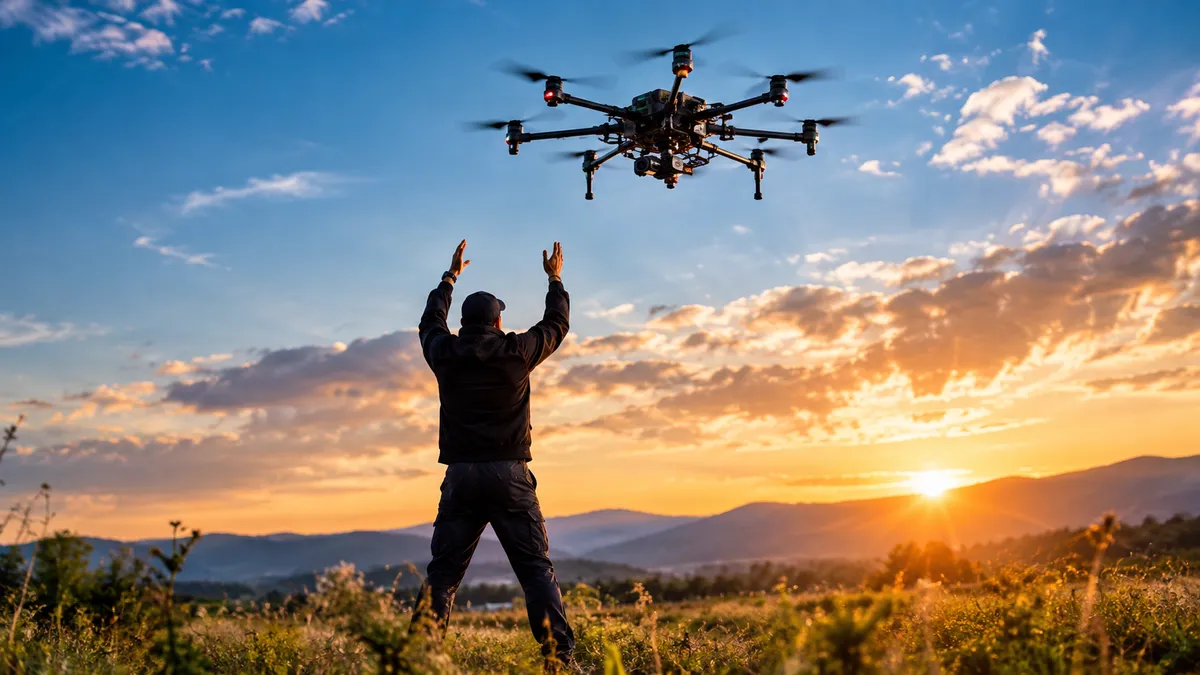 Dron despegando en atardecer