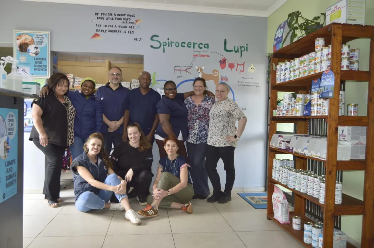 Vet team smiling with a cat and dog in a bright lobby