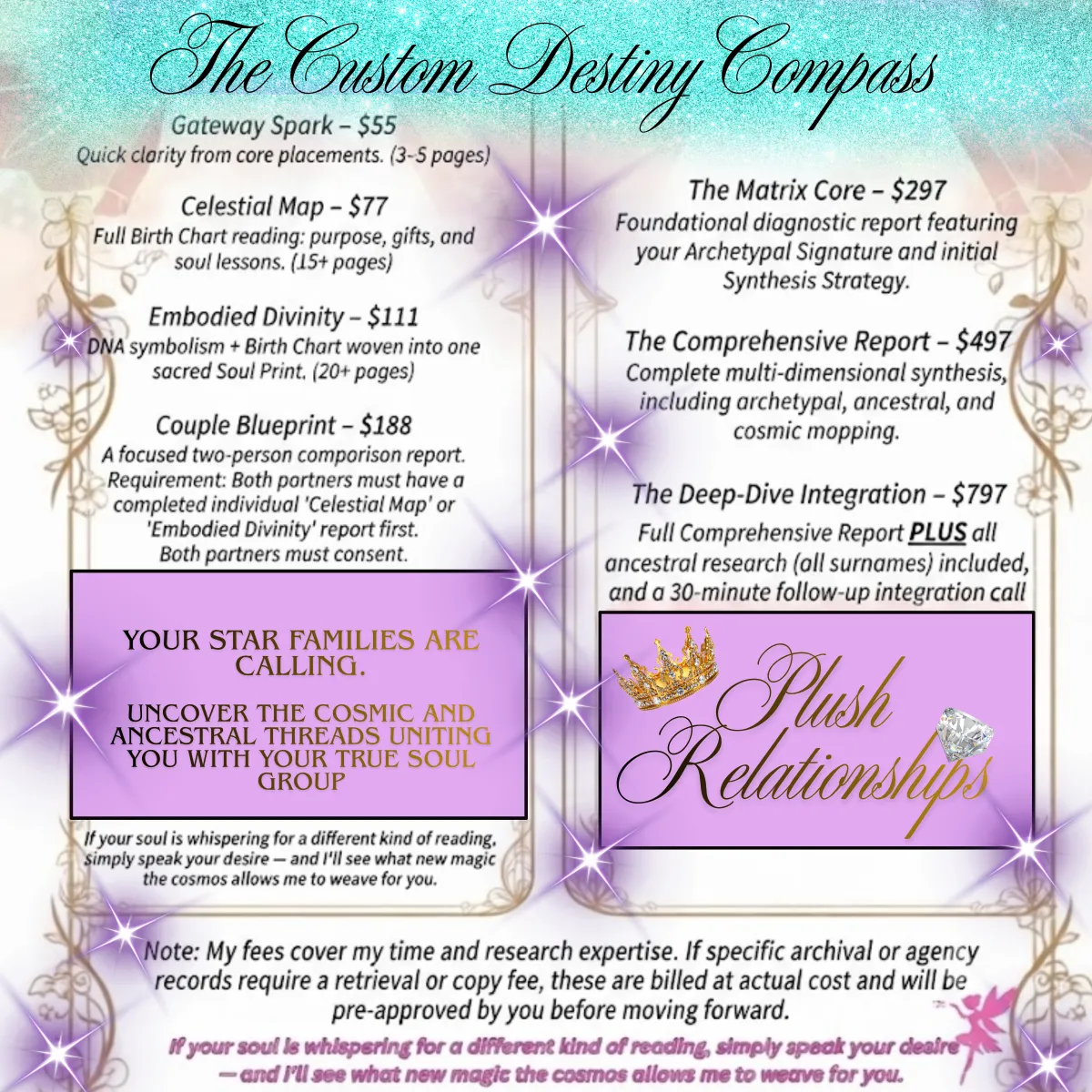 "Custom Destiny Compass spiritual services by Plush Relationships. Offering soul and blueprint readings, archetypal signature reports, ancestral research, and cosmic alignment synthesis starting from $55. Personalized, high-vibe spiritual guidance and ancestral diagnostic services."