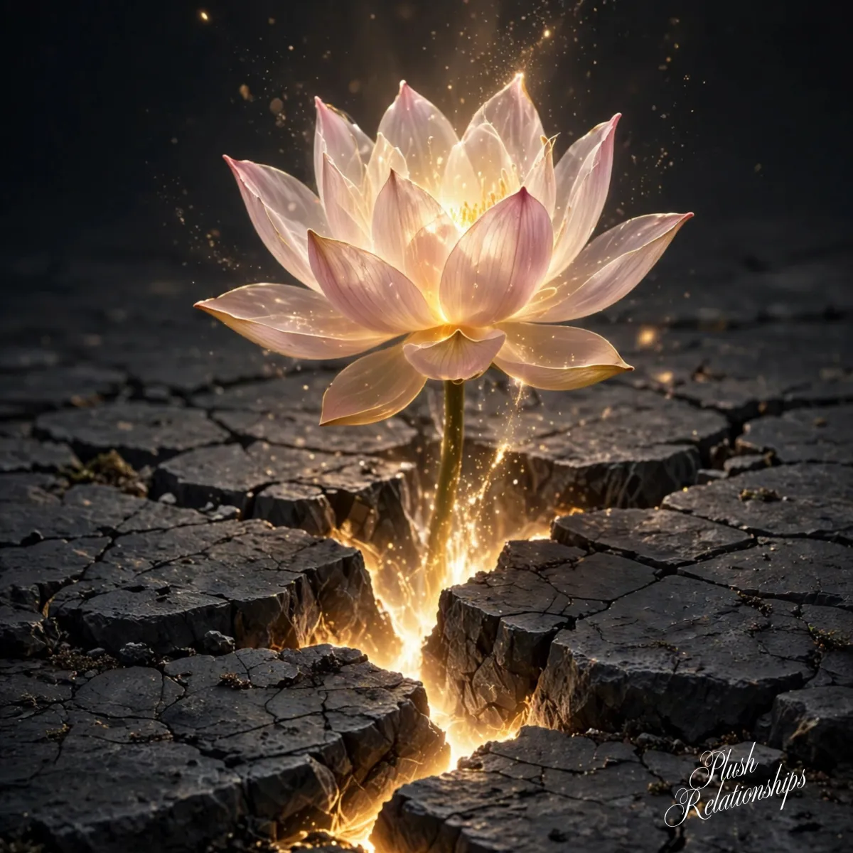 A delicate, translucent pink and white lotus flower glowing from within with warm golden light, breaking upward through a deep crack in a dark, textured stone surface. Golden light and sparkling dust particles emanate from the crack and the flower's center against a dark background. The image symbolizes strength, resilience, new beginnings, and breaking free from hardship.