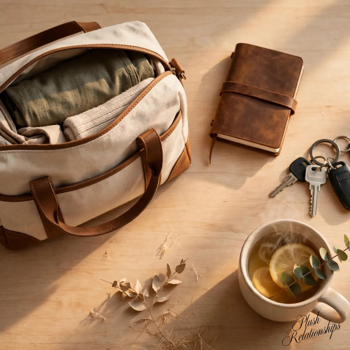 Alt text: A warm-toned overhead flat-lay on a light wooden table, illuminated by soft golden hour sunlight with window shadows. On the left, a neatly packed cream canvas weekender bag with brown leather trim, open to show folded clothes inside. To its right, a small brown leather journal with a strap, a set of modern house and car keys, and a light ceramic mug of steaming tea with lemon slices and a small sprig of eucalyptus. Dried eucalyptus leaves are scattered nearby. The composition evokes quiet preparation, fresh starts, and mindful transitions.
