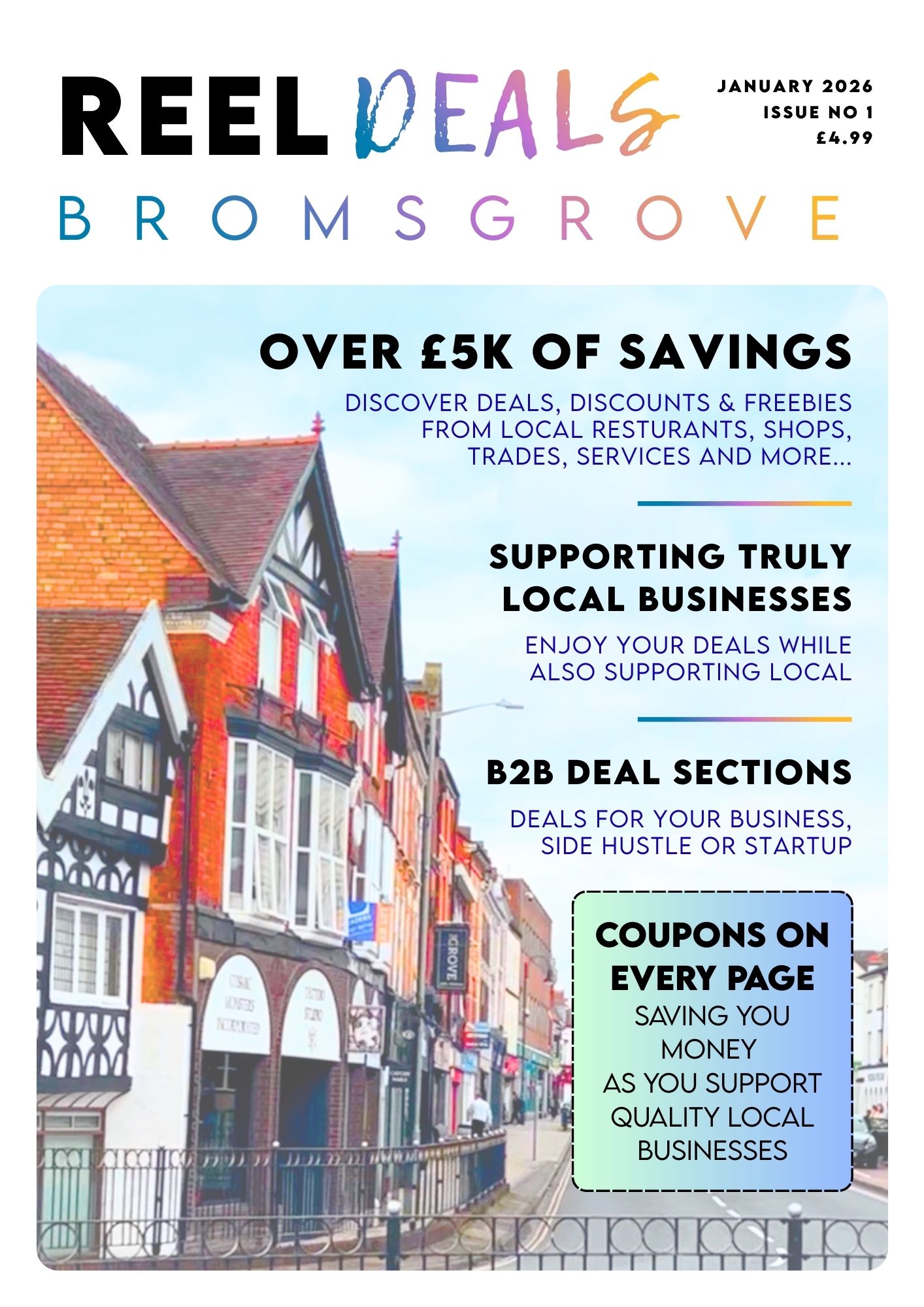A vibrant digital magazine open on a tablet, displaying colorful local business adverts and coupons, with a Bromsgrove map in the background. The scene is bright, modern, and inviting, suggesting community engagement and digital innovation.