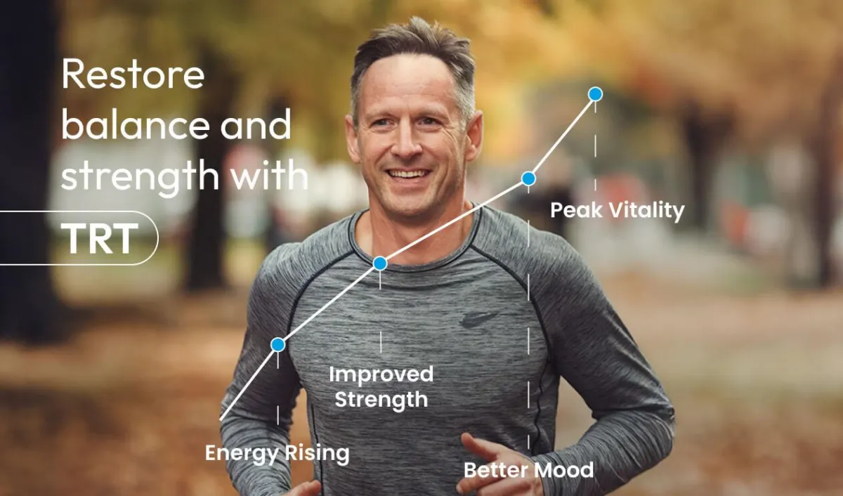 Happy male running in the park. As result of TRT he is experiencing increased energy, improved strength, better mood, and peak vitality. 