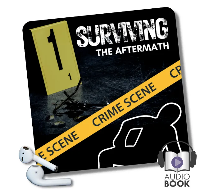 Surviving the aftermath of a self defense shooting audiobook; crime scene tape and chalk outline of body