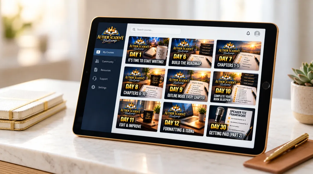 High-fidelity digital dashboard mockup of the Kingdom Influencer online training library featuring Author Academy and Six-Figure Seminar System tiles