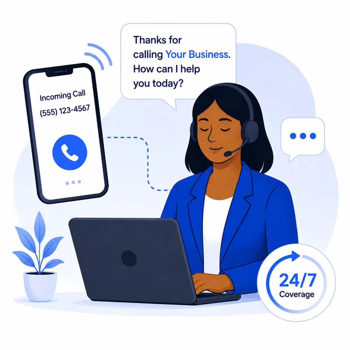 AI receptionist answering a business phone call 24/7, greeting callers professionally and handling customer inquiries automatically.