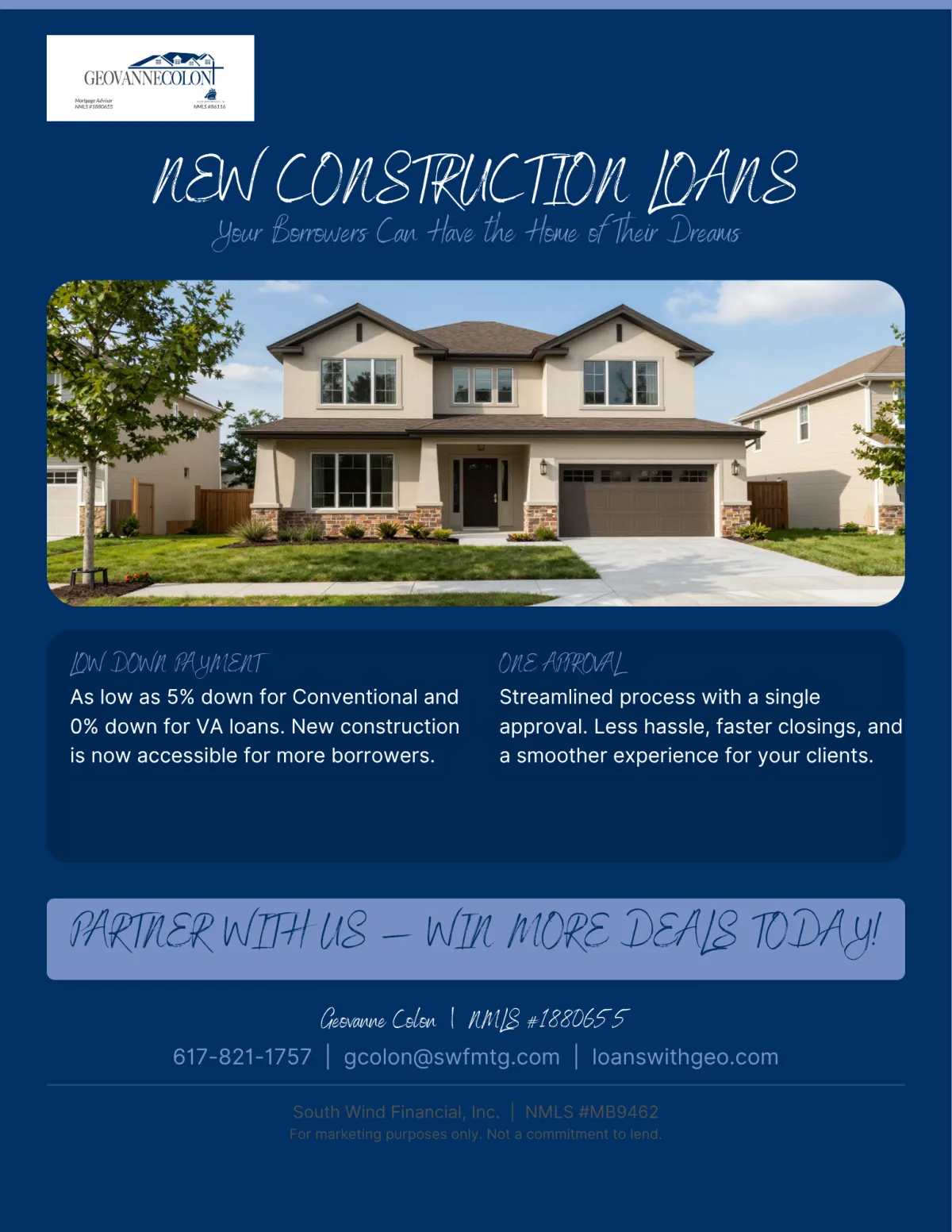 New two-story construction home with stucco and stone exterior, attached garage, and landscaped yard, financed through South Wind Financial construction loans.