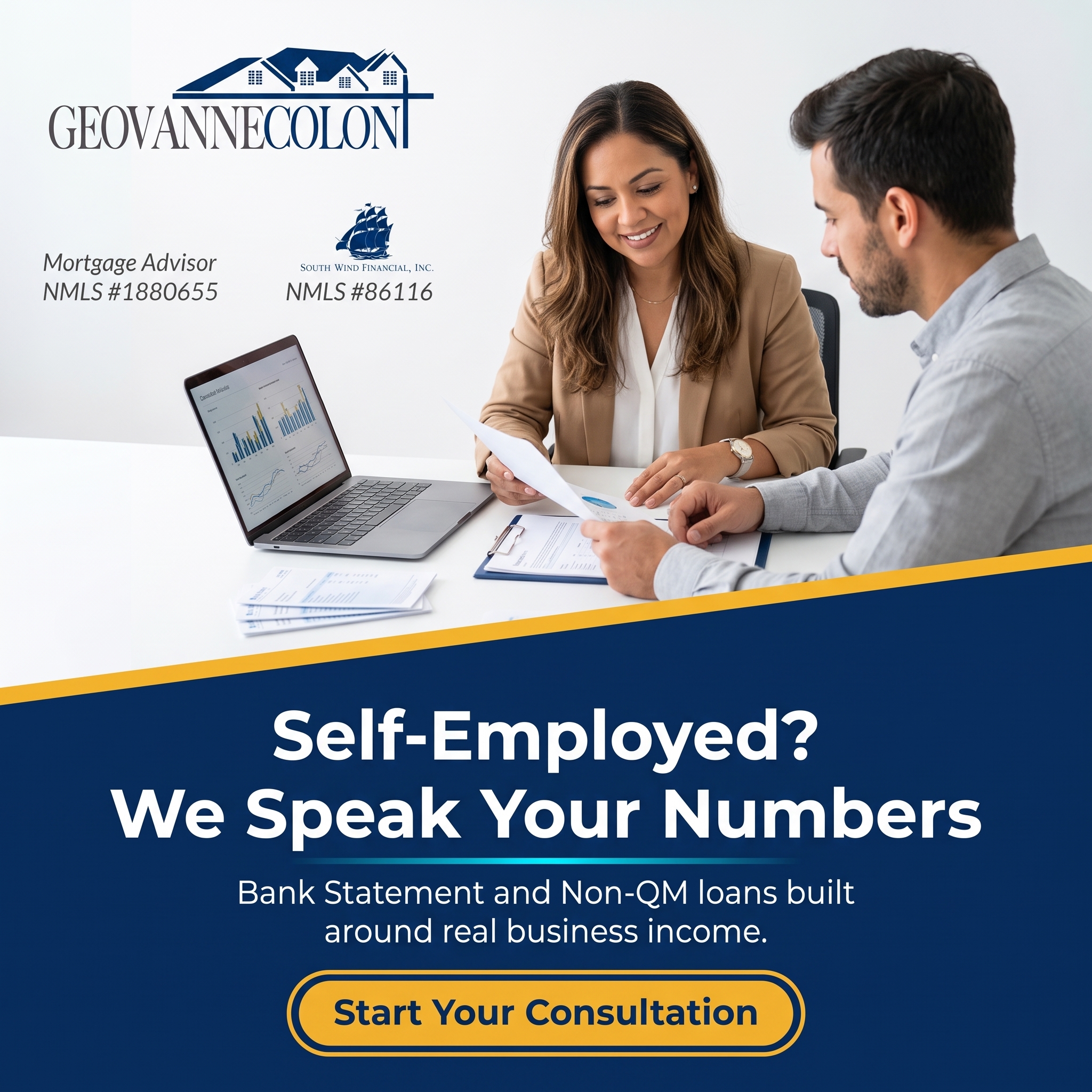 Self-employed Massachusetts business owner reviewing bank statement mortgage loan options with advisor