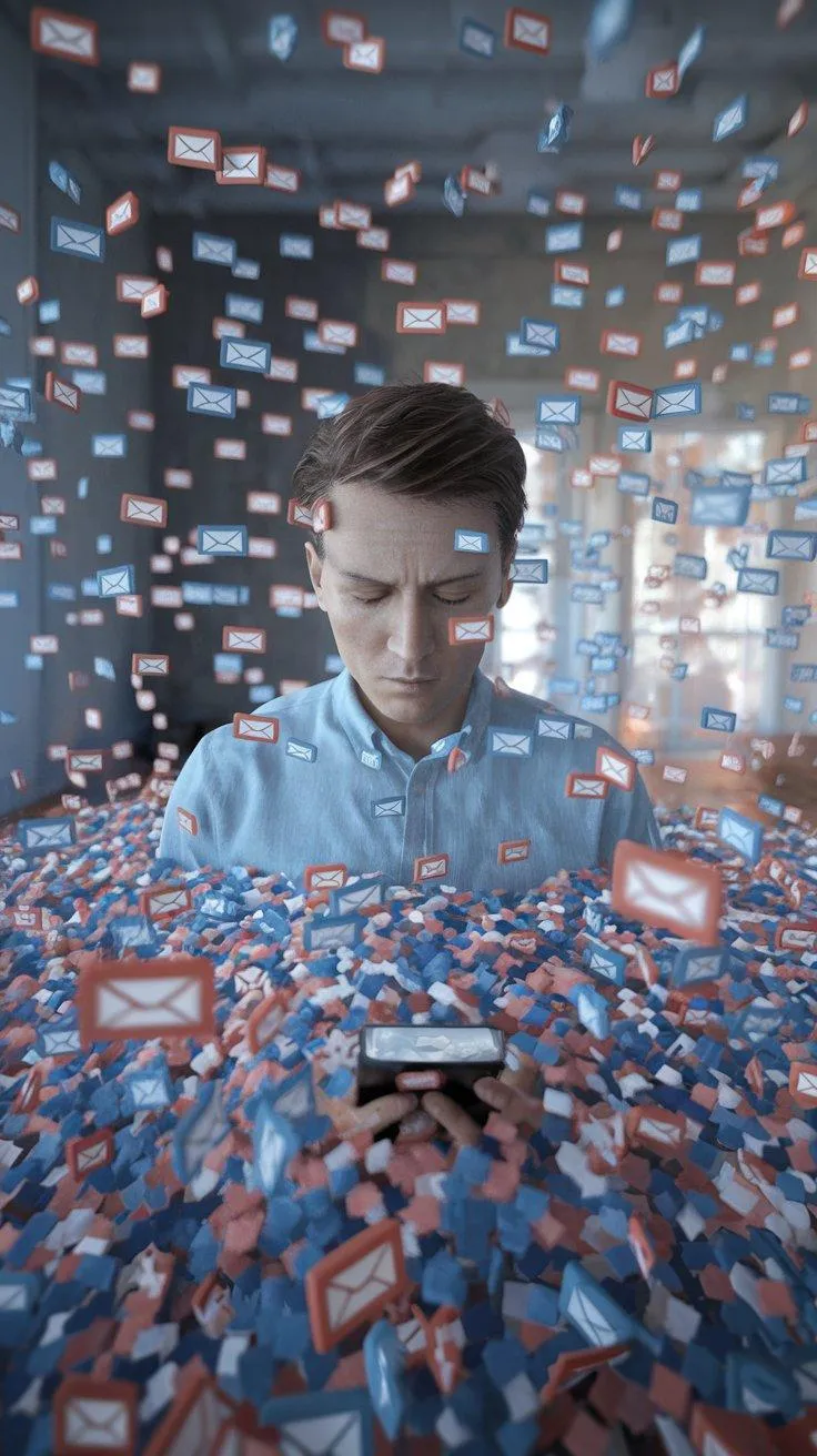 Overwhelmed individual surrounded by a chaotic flood of red and blue message icons, representing the overwhelming influx of direct messages. His hands clutch a phone, barely visible in the sea of notifications. This visual metaphor highlights the need for automation to regain control over business communications and ensure no leads or important conversations are lost in the flood of messages.