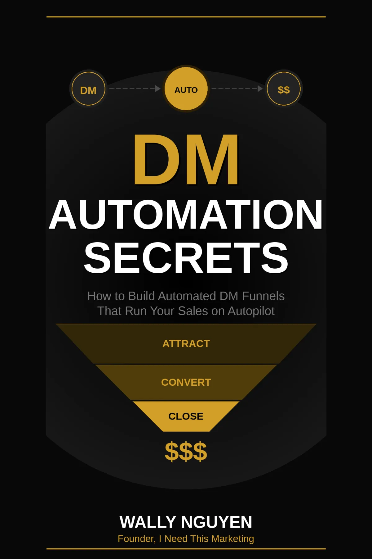 DM Automation Secrets book cover featuring a metallic laptop on a black background, with gold letters detailing the ultimate playbook by Wally Nguyen for automating DMs, leveraging AI, and converting conversations into dollars. Two stacked copies underscore the authority of this exclusive guide for entrepreneurs and personal brands aiming to master sales automation.